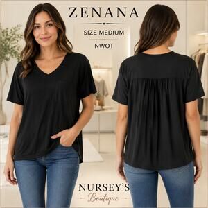 Zenana Black Mixed Media Pleated Back Pocket Tee Medium NWOT CT-3088